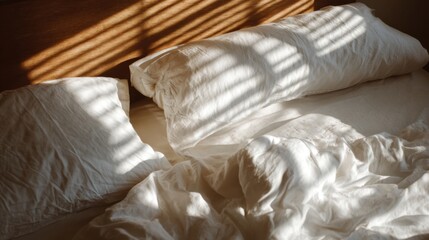 Morning sunlight casting shadows on cozy unmade bed with pillows,Silent Record Week