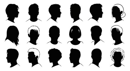 A diverse collection of black silhouette head profiles representing men, women, and various ages, suitable for avatars, user icons, or anonymous representation in digital and print media