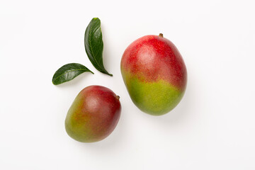 Flat lay with mango on color background, top view