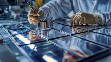 Closeup of a technician using specialized tools to deposit indium thin films on solar cell surfaces enhancing photovoltaic efficiency.