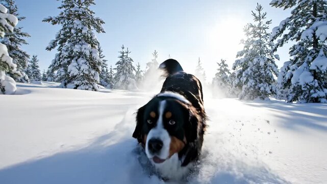 Bernese Mountain Dogs Winter Joy - Frolicking in Deep Snow.