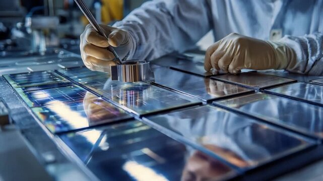 Closeup of a technician using specialized tools to deposit indium thin films on solar cell surfaces enhancing photovoltaic efficiency.