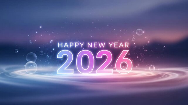 Happy new year 2026 with glowing text and vibrant cosmic background design