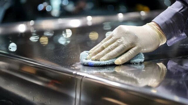 Detailed view of a polished metal surface being coated with a protective film demonstrating advanced methods in corrosion resistance and surface care.