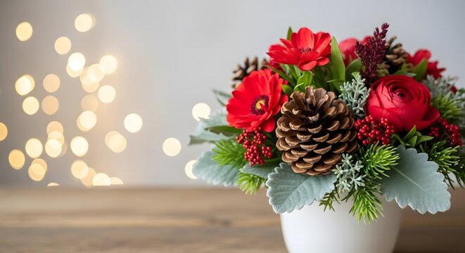 Festive holiday floral arrangement with red flowers and pine cones - Powered by Adobe
