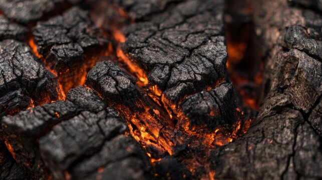 Glowing embers and charred wood create a warm atmosphere as the fire burns down. The reddish orange glow illuminates the darkened surroundings offering a cozy feel to the scene.