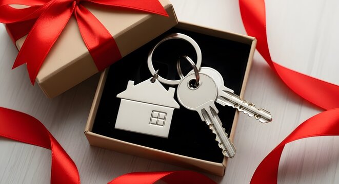 House keys with house shaped keychain in gift box with ribbon