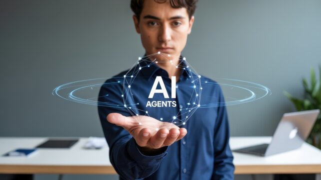 A young man is presenting ai agents on a holographic display, showcasing the potential of artificial intelligence in modern technology - Powered by Adobe