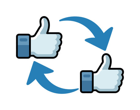 Two thumbs up symbols with circular arrows indicating a reciprocal exchange of approval.