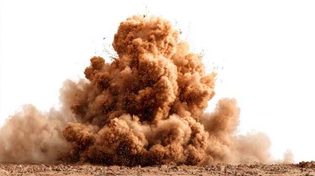 A powerful explosion occurs sending a massive cloud of dust and debris high into the air. The scene captures the force and energy of the blast in a dry barren area under bright daylight.