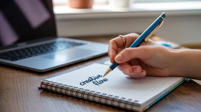 Closeup of a womans hand writing creative flow in a notebook with a fountain pen next to a laptop on a wooden desk