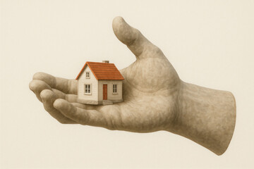 A small cozy house stands on an open palm. Space for text.