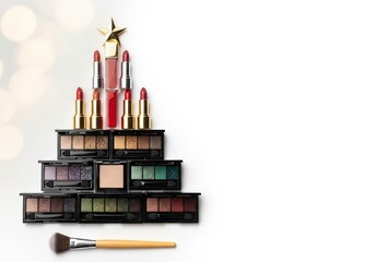 Christmas tree made of lipsticks and stack of eyeshadows in festive shades. Light background with copy space. Holiday banner for cosmetic shop, make-up artist. Christmas in beauty industry and fashion