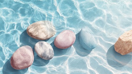 A collection of smooth stones in shades of pink blue and gray lies on a clear water surface. The sunlight creates shimmering reflections enhancing the serene atmosphere.