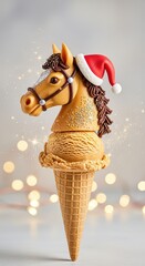 Scoop of caramel ice cream in cone with decoration shaped like a horse’s head, symbol of 2026, Christmas lights and bokeh, vertical New Year banner for cafes and gelateria, ice cream shop or parlor