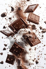 3D render flying chocolate pieces with cocoa powder and milk splash, isolated on white background