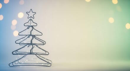 Christmas tree made from metal hangers with star on festive background with copy space. Department stores, shopping, sale during holiday season. Purchase of gifts, winter clothes. Banner for retail