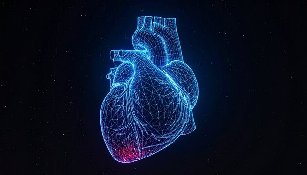 A glowing blue wireframe heart floats against a dark backdrop, merging technology with anatomical precision. - Powered by Adobe