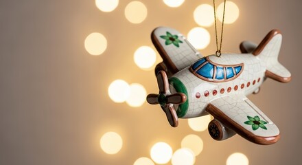 Airplane as festive cermaic ornament or bauble hanging on string, festive bokeh background with copy space. Greeting card or banner for aviation industry, stewardesses and pilots. Toy shop concept