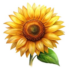 Watercolor Sunflower Painting with Green Leaf on Isolated White Background