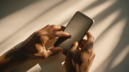 Hands holding smartphone on sunlit background for technology and communication themes