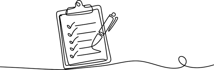 Continuous line art drawing of a clipboard with a checked task list and a pen, symbolizing successful completion or efficient planning goals Vector, illustration