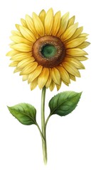 Watercolor Painting of a Single Sunflower with Green Leaves on White Background