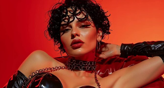 Empowered Woman in a red room. Latex. BDSM concept of sex with submission and domination