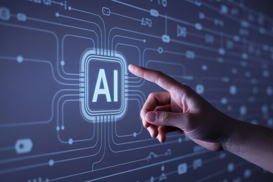 A hand points to a glowing ai icon on a digital screen, representing artificial intelligence and the future of technology and innovation - Powered by Adobe