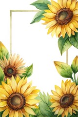 Watercolor sunflowers frame with golden border and elegant floral decorations around it