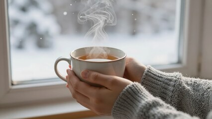 Hands in a warm sweater holding a steaming mug of hot tea by a window with a snowy winter view, creating a cozy and comforting atmosphere.