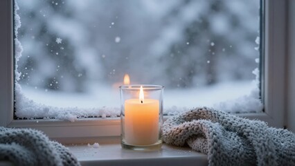 Cozy candle on a snowy windowsill with a knitted blanket, creating a warm and peaceful winter atmosphere
