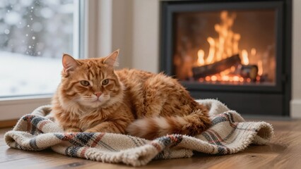 Cozy ginger cat relaxing on a plaid blanket by a warm fireplace and snowy window