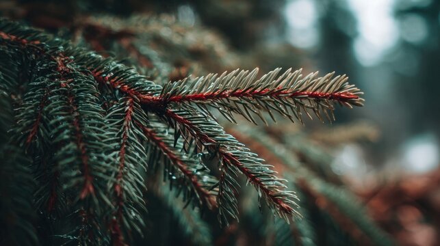 Close up view of a spruce branch showing green needles adorned with dew drops. The background is blurred revealing a serene and misty forest atmosphere in the morning.