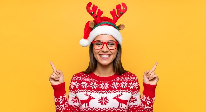 Cheerful woman in reindeer antlers points up, presenting festive holiday