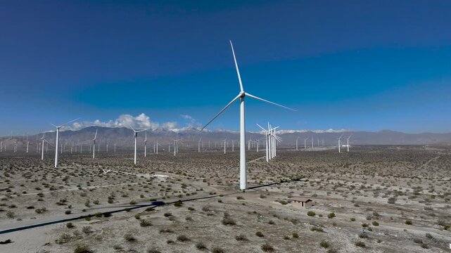 Wind Farm in San Gorgonio Pass near Palm Springs, California - Aerial Drone Push In
