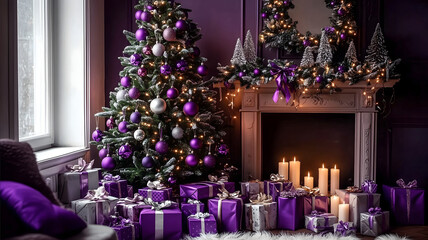 Grand Christmas Tree with Purple and Gold Decorations and Velvet Accents