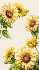 Watercolor Sunflowers Forming a Frame on Light Beige Background, Elegant Floral Art