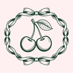 Dark green line art cherries with leaf inside a decorative ribbon frame on a pale pink background cherry