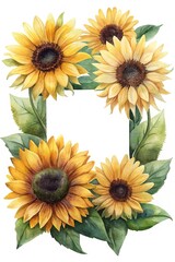 Watercolor Sunflower Square Frame Template for Wedding Invitations and Summer Designs