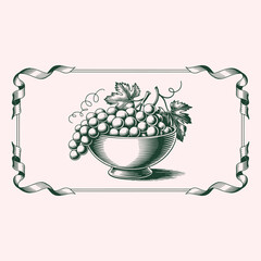 Engraved Grapes in a Bowl with Ribbon Border Illustration fruit leaves