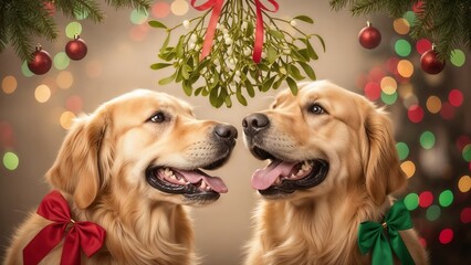 Cute happy dogs golden retrievers, side view, under mistletoe, festive christmas background. New Year's and Xmas funny card or banner for vet clinics and grooming salons, breeders