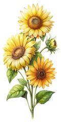 Watercolor Illustration of Vibrant Yellow Sunflowers with Green Leaves on White Background