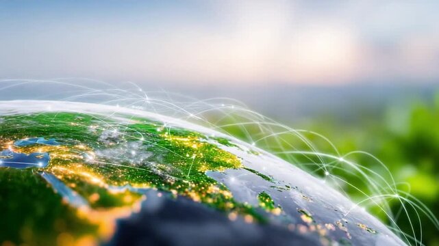 Global Connectivity and Eco-Friendliness: A vibrant depiction of Earth, highlighting the intricate web of global connections that intertwine.