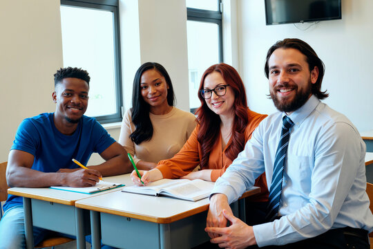 Group of young multiethnic students sitting at desks studying together in classroom, smiling and looking at camera, notebooks and pens on desks, engaged in collaborative academic work