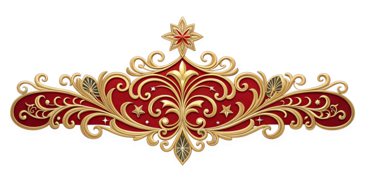 Elegant gold and red ornate design with stars, transparent background