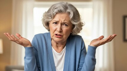 Elderly woman expresses confusion and uncertainty in domestic setting. capturing authentic emotion and human experience.