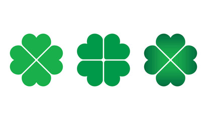 Set of lucky four-leaf clovers. Green four-leaf clover icons. St. Patrick’s Day symbol. Shamrock vector illustration. Luck and happiness concept. Good-luck themed design element. EPS 10.
