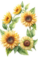 Watercolor Sunflowers Forming a Wreath with Green Leaves on White Background