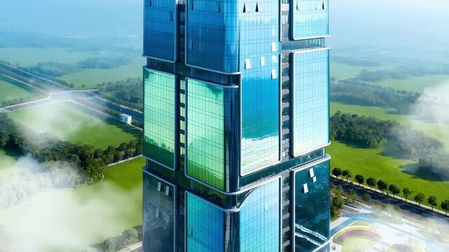 Medium shot of an ecofriendly office tower with dynamic glass facades adapting to sunlight for efficient temperature control and enhanced energy sustainability.